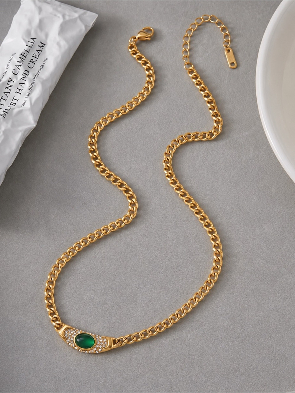 18K Gold Plated Green Stone & Cubic Zirconia Pendant Necklace - Picture 5 of 9